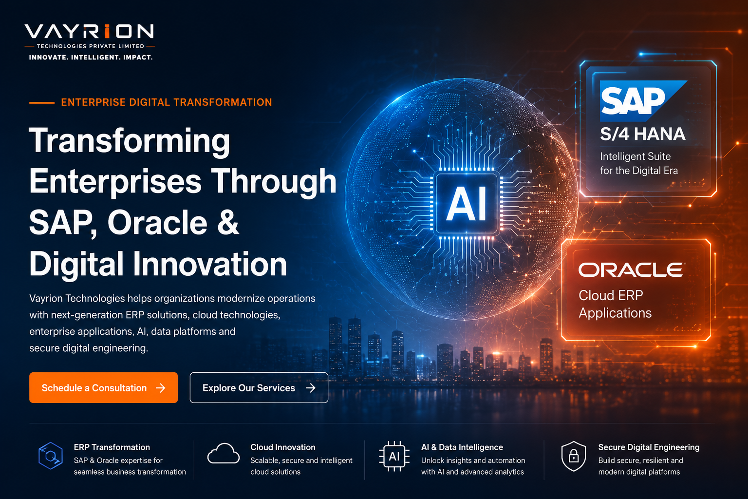 Vayrion digital transformation solutions featuring AI, SAP S/4HANA, Oracle Cloud ERP, cloud innovation and secure digital engineering